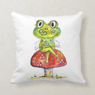Cute Whimsical Green Frog op Toadstool Kussen