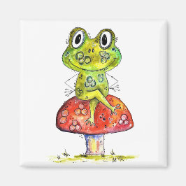 Cute Whimsical Green Frog op Toadstool Magneet