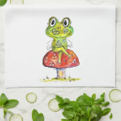 Cute Whimsical Green Frog op Toadstool Theedoek (Gevouwen)