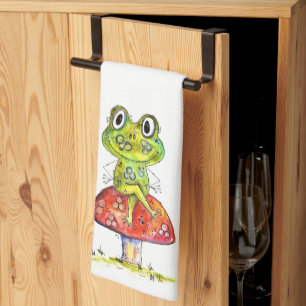Cute Whimsical Green Frog op Toadstool Theedoek