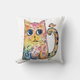Cute Whimsical Happy Cat met Bird Kussen