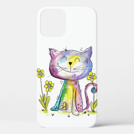 Cute Whimsical Happy Cat met gele bloem Case-Mate iPhone Case (Achterkant)
