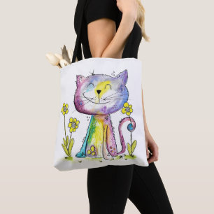 Cute Whimsical Happy Cat met gele bloem Draagtas
