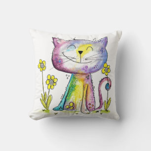 Cute Whimsical Happy Cat met gele bloemen Kussen