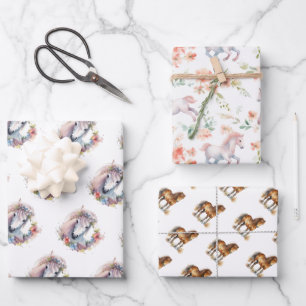 Cute Whimsical Horse Pony Floral Waterverf Inpakpapier Vel