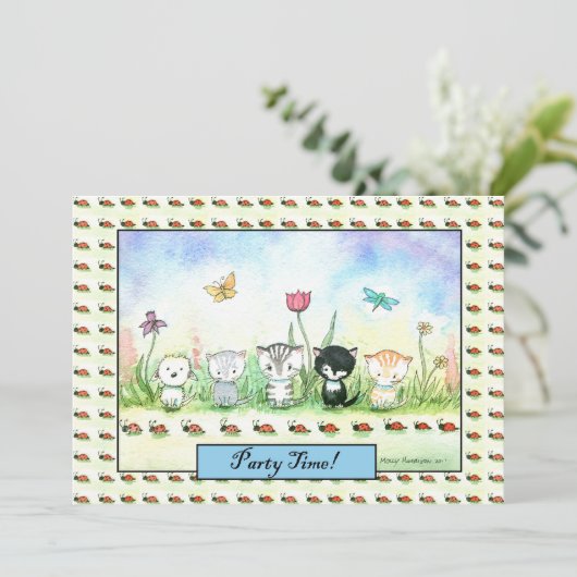 Cute Whimsical Kitty Puppy Ladybug Invitation (Debout devant)