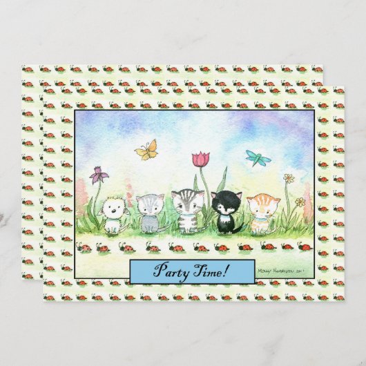 Cute Whimsical Kitty Puppy Ladybug Invitation (Devant / Derrière)