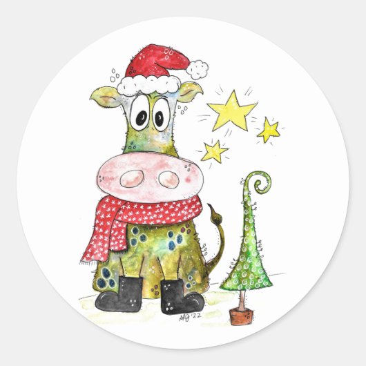 Cute Whimsical-Koe Ronde Sticker (Voorkant)