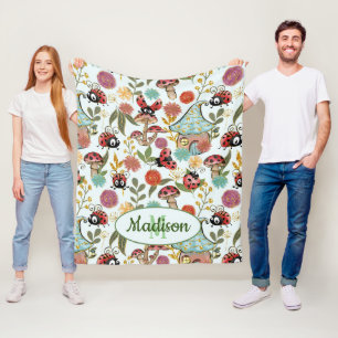 Cute Whimsical Ladybugs Mushrooms Flowers Monogram Fleece Deken