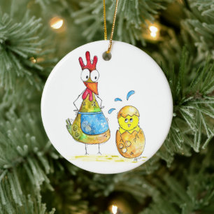 Cute Whimsical Mama Chicken met Baby Keramisch Ornament