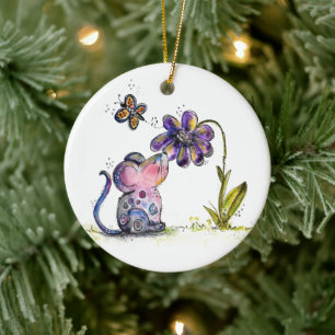 Cute Whimsical Mouse en Flower Keramisch Ornament