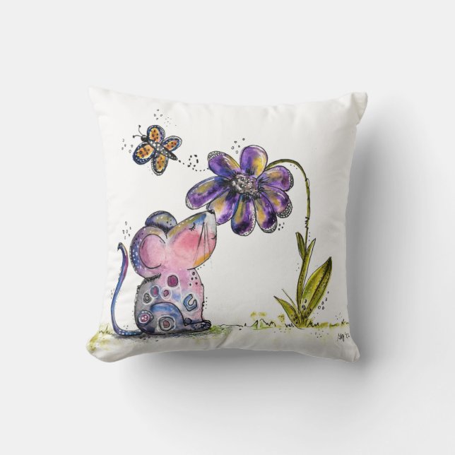 Cute Whimsical Mouse en Flower Kussen (Voorkant)