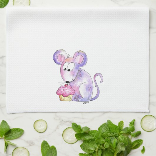 Cute Whimsical Mouse met Cupcake Theedoek (Gevouwen)