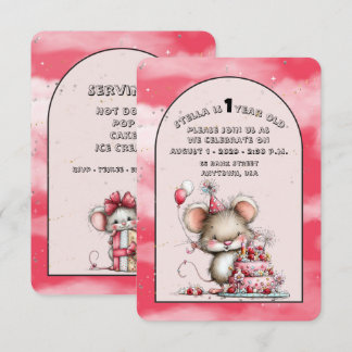 Cute Whimsical Muis Meisje Eerste Verjaardag Uitno Notitiekaartje