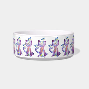 Cute Whimsical Paars Cat met Birds Bowl Voerbakje
