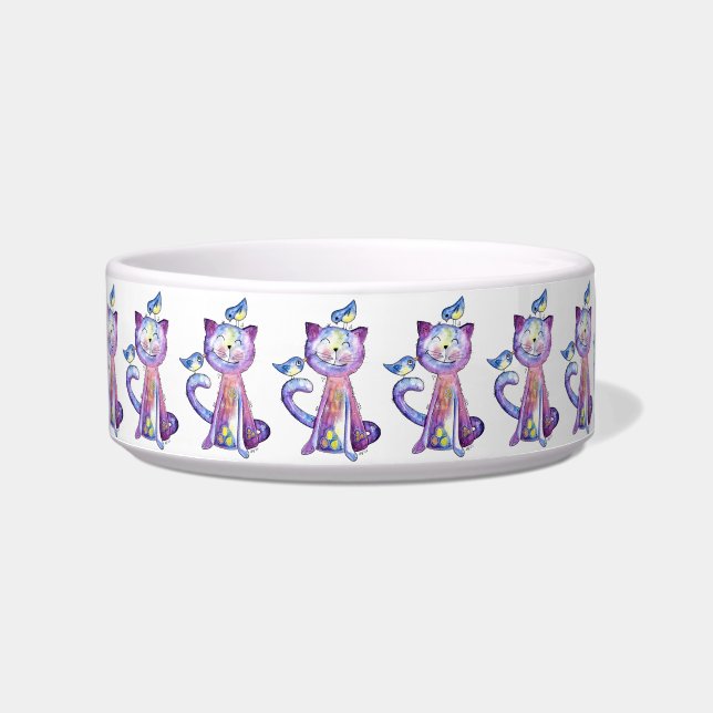 Cute Whimsical Paars Cat met Birds Bowl Voerbakje (Voorkant)