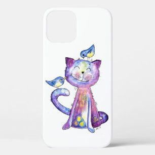 Cute Whimsical Paars Cat met vogels iPhone 12 Hoesje