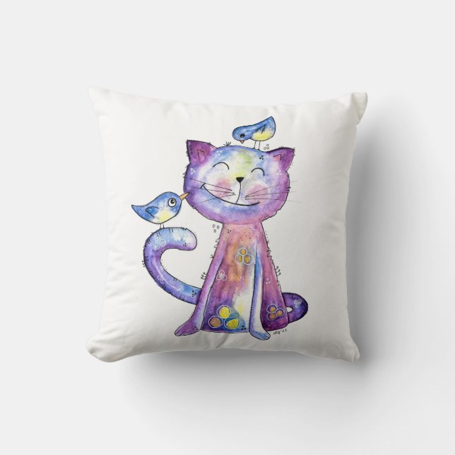 Cute Whimsical Paars Cat met vogels Kussen (Voorkant)