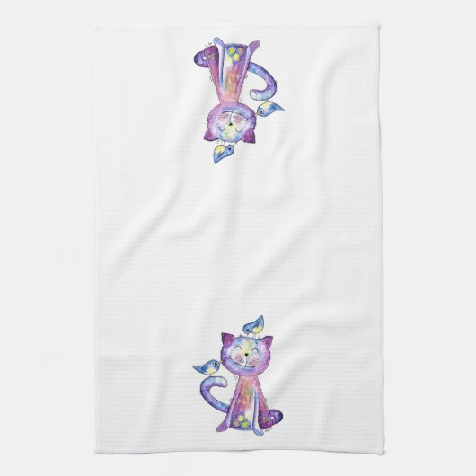 Cute Whimsical Paars Cat met vogels Theedoek (Verticaal)