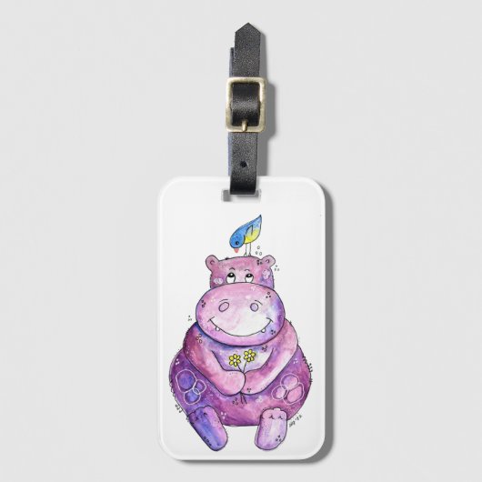 Cute Whimsical Paars Hippo Bagagelabel (Voorkant (verticaal))