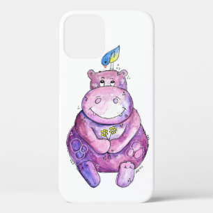 Cute Whimsical Paars Hippo iPhone 12 Hoesje