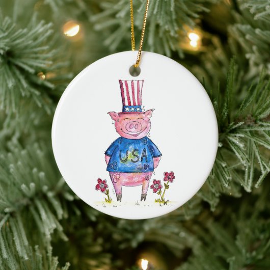 Cute Whimsical Patriotic Pig Keramisch Ornament (Boom)