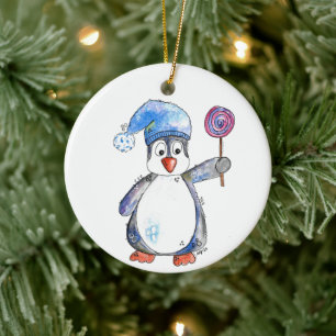 Cute Whimsical Penguin met een Lollipop Keramisch Ornament