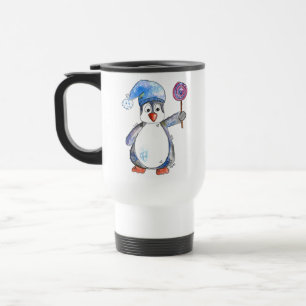 Cute Whimsical Penguin met een Lollipop Reisbeker