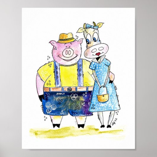 Cute Whimsical Pig. en Koe Poster (Voorkant)