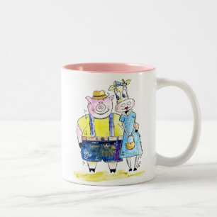 Cute Whimsical Pig. en Koe Tweekleurige Koffiemok