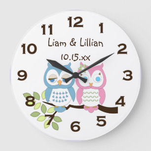 Cute Whimsical Pink Blue Owl Twins Wall Clock Grote Klok