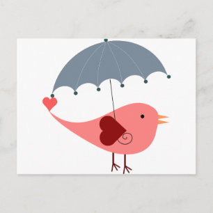 Cute whimsical roze bird holding umbrella briefkaart
