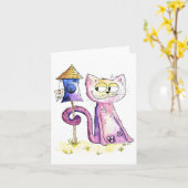 Cute Whimsical Sneaky Cat met Birdhouse Kaart (Gele Bloem)