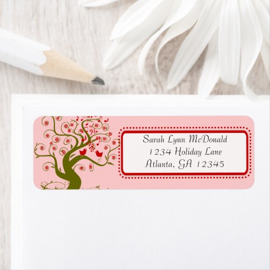 Cute Whimsical Swirl Snowflake Tree Red & Roze Etiket (Insitu)