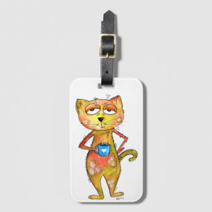 Cute Whimsical Tired Cat Drink koffie Bagagelabel