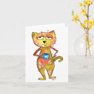 Cute Whimsical Tired Cat Drink koffie Kaart