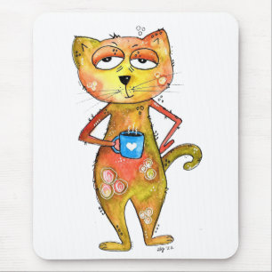 Cute Whimsical Tired Cat Drink koffie Muismat