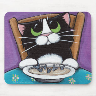 Cute Whimsical Tuxedo Cat Eating Fish Tail Soup Muismat
