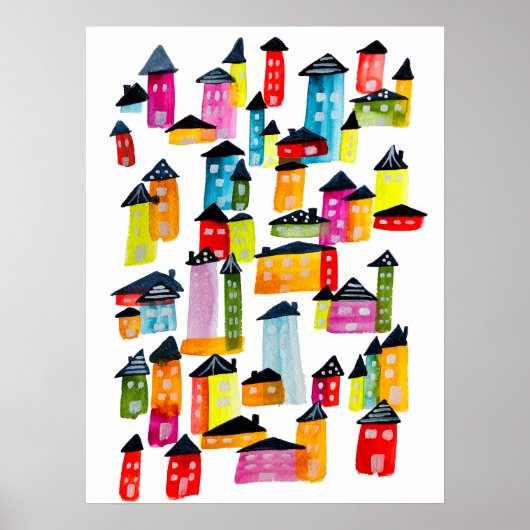 Cute whimsical waterverf houses poster (Voorkant)