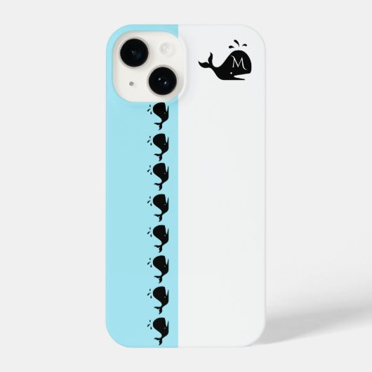 Cute White and Blue Custom Initial Black Whale iPhone Hoesje (Achterkant)