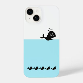 Cute White and Blue Custom Initial Black Whale iPhone 14 Hoesje