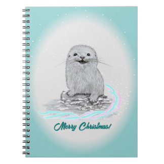 Cute White Baby Sea Otter , Merry Christmas Notitieboek
