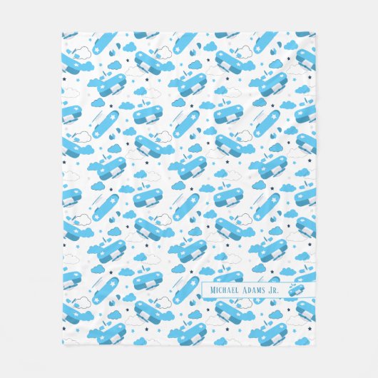 Cute White & Blue Planes and Clouds Kinder Monogra Fleece Deken (Voorkant)