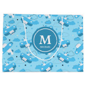 Cute White & Blue Planes and Clouds Kinder Monogra Groot Cadeauzakje (Achterkant)