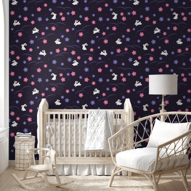 Cute White Bunny and Flowers on Purple Pattern Behang (Kinderen)