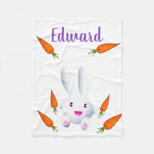 Cute White Bunny & Carrots Fleece Deken