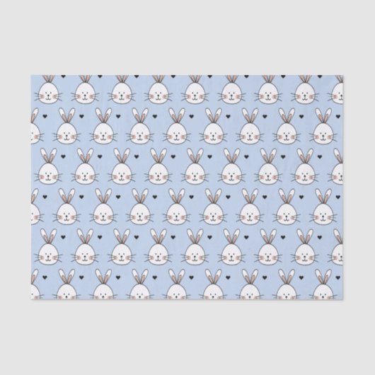 Cute White Bunny Faces and Hearts Pattern Blue Tissuepapier (Voorkant)