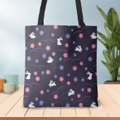 Cute White Bunny Rabbits and Flowers Pattern Tote Bag