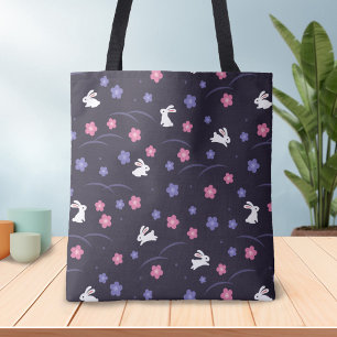 Cute White Bunny Rabbits and Flowers Pattern Tote Bag