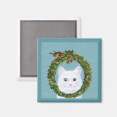 Cute White Cat Birds Christmas Wreath Aimant de ne (Recto/Verso)